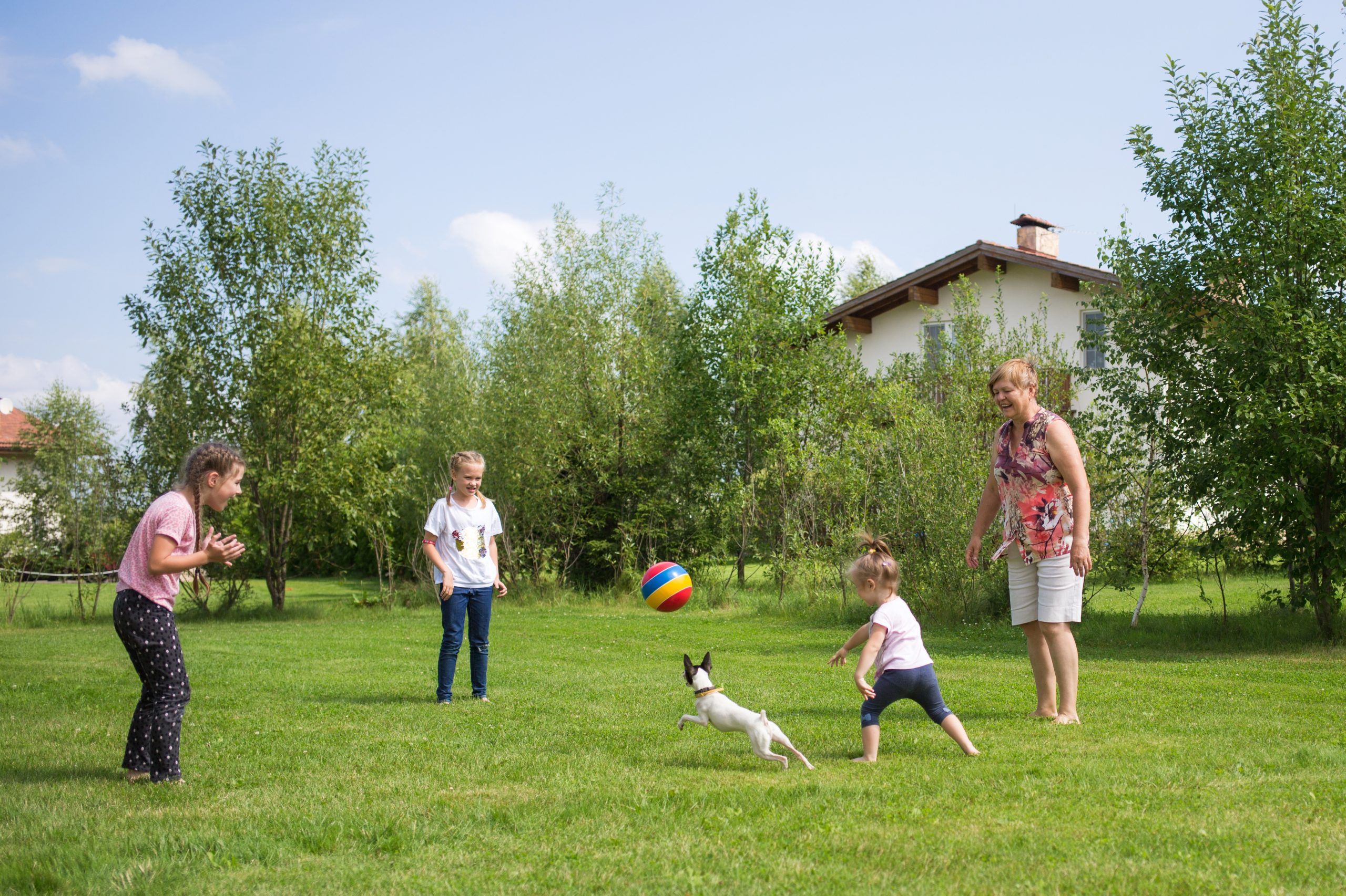 Family Children With Grandmother And Dog Play Ball